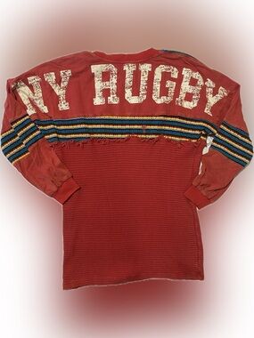 BDG Red NY Rugby Long Sleeve Waffle Knit Top with Striped Detail